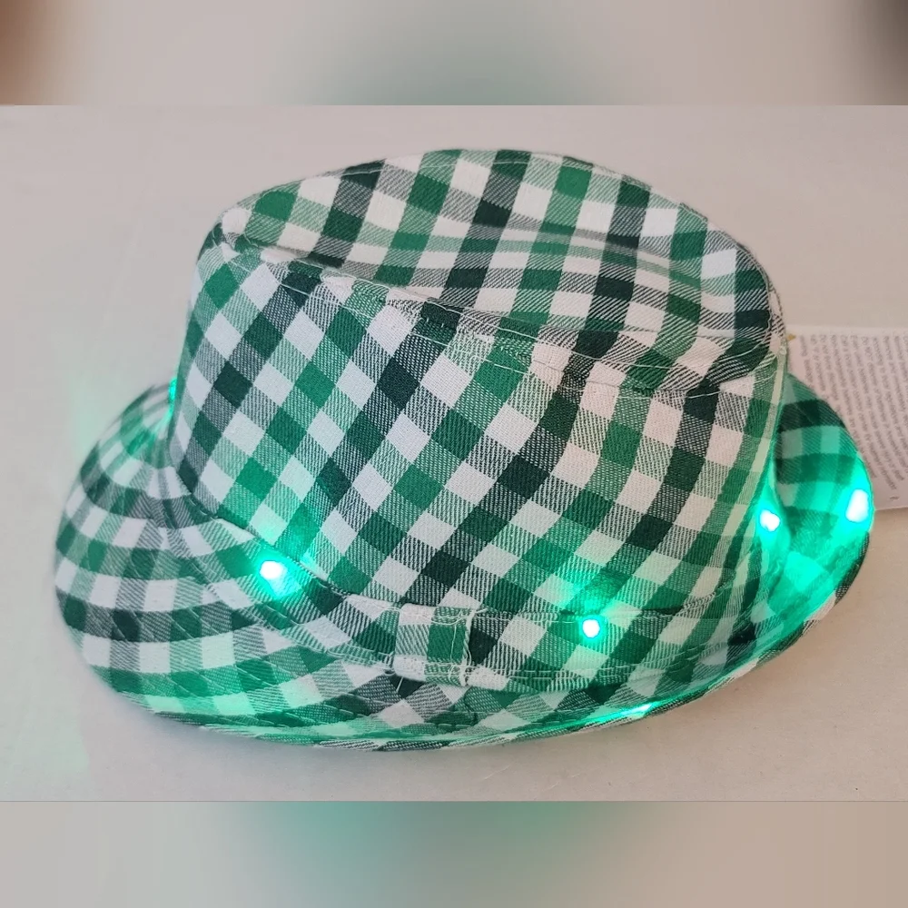 Green White Checkered Plaid Striped Light Up Fedora Hat Lighted